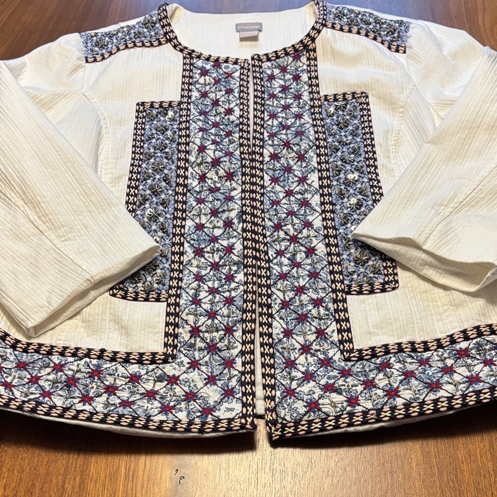 Chico's Ivory Jacket with Navy & Red Embroidered Trim
